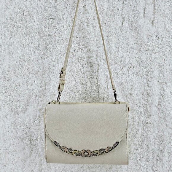 BRIGHTON Ivory Pebbled Leather Organizer Crossbody Enameled Silverplate Hardware - Picture 1 of 16